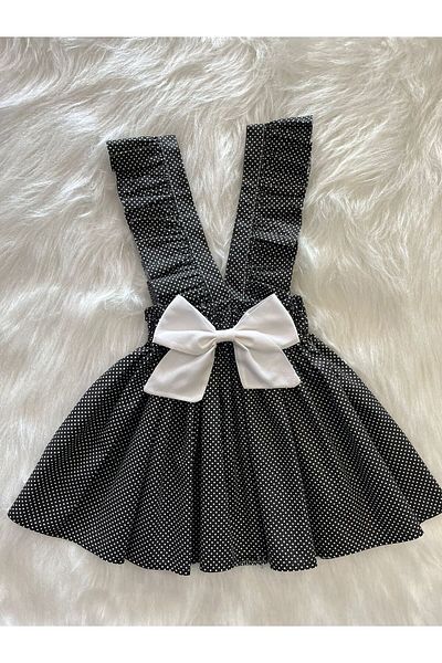 Eylülce Butik Girl's Black and White Polka Dots White Bow Ruffle Strap Salopet Dress (100% Cotton Fabric)