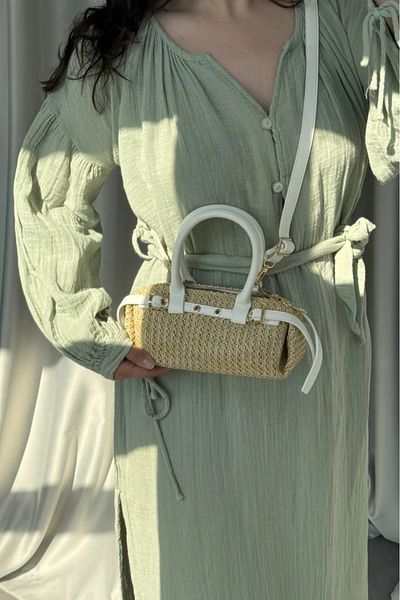 LEONAS Mini Size Belt Detailed Women's Hand and Shoulder Bag Straw Norris White