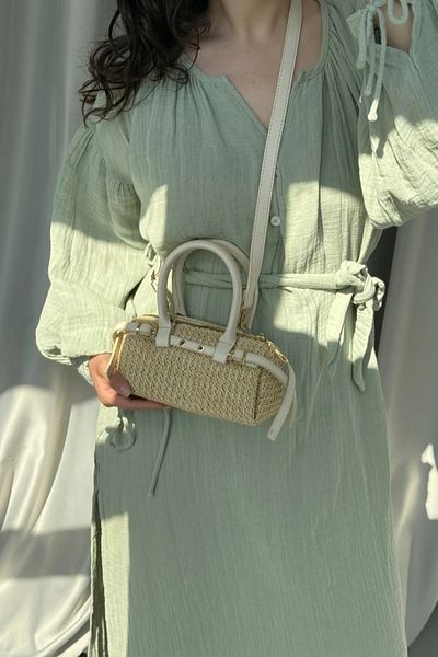 LEONAS Mini Size Belt Detailed Women's Hand and Shoulder Bag Straw Norris Cream