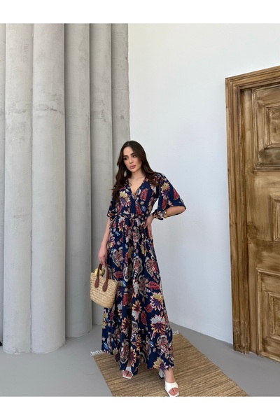 Att Attstil Navy Blue Floor-Length Lily Pattern Double Breasted Dress