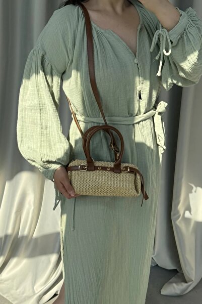 LEONAS Mini Size Belt Detailed Women's Hand and Shoulder Bag Straw Norris Brown