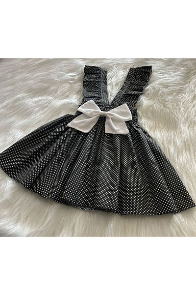 Eylülce Butik Girl's Black and White Polka Dots White Bow Ruffle Strap Salopet Dress (100% Cotton Fabric)