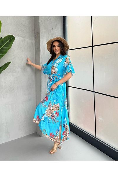 Att Attstil Blue Short Sleeve Buttoned Flower Pattern Dress