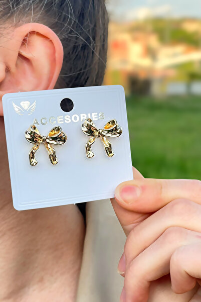 TAKIPORT أقراط نسائية بتصميم فيونكة صغيرة باللون الذهبي