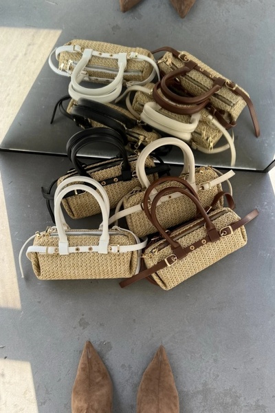 LEONAS Mini Size Belt Detailed Women's Hand and Shoulder Bag Straw Norris Brown