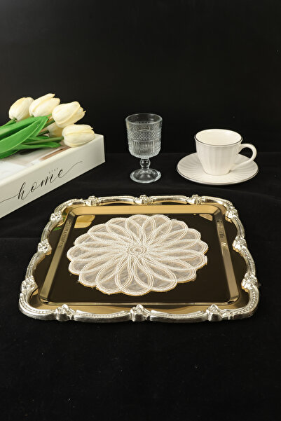 Yaren Style Luxury Rose Figured Stainless Steel Tea, Coffee, Cake, Presentation Tray – Non-Tarnishing Elegance