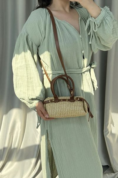 LEONAS Mini Size Belt Detailed Women's Hand and Shoulder Bag Straw Norris Brown
