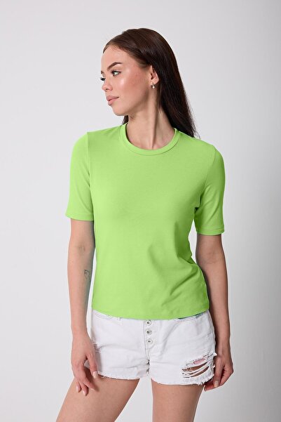 AMİDA Γυναικείο μπλουζάκι Neon Green Lycra με μισό μανίκι Basic - 2524