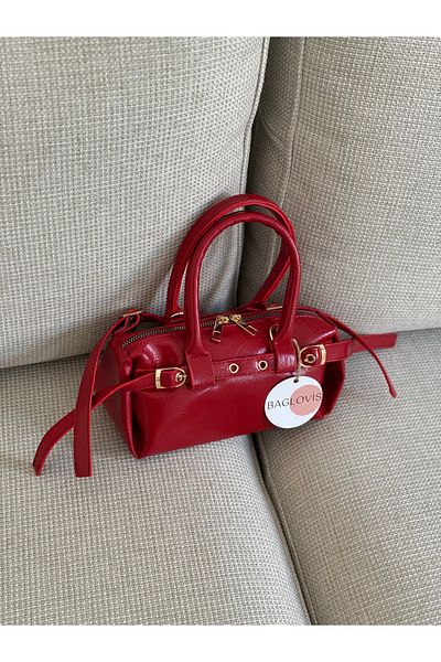 BAGLOVİS Small Casual Stylish Red Women's Shoulder Bag with Front Buckle Detail En22 Boy12