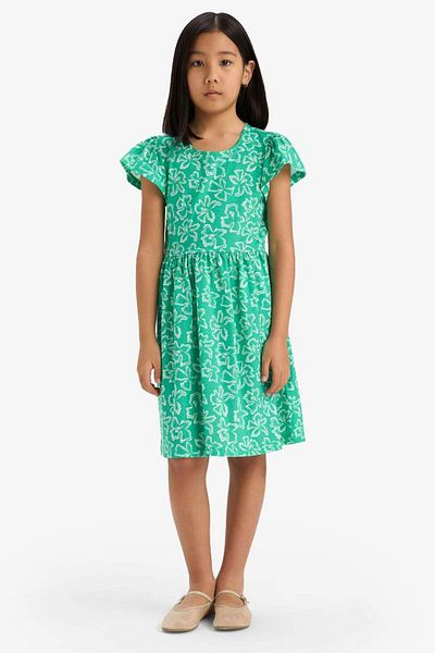 DeFacto New Season Girls' Crew Neck Patterned Short Sleeve Dress