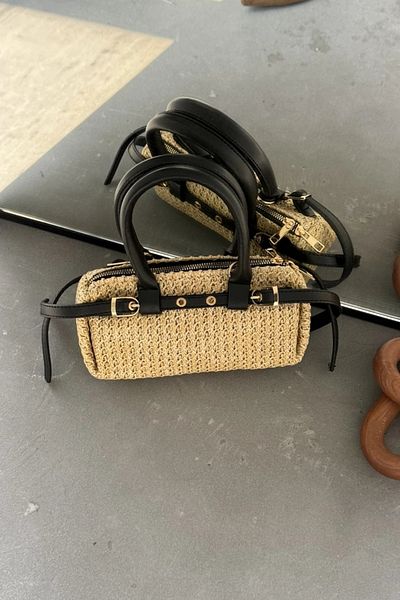 LEONAS Mini Size Belt Detailed Women's Hand and Shoulder Bag Straw Norris Black