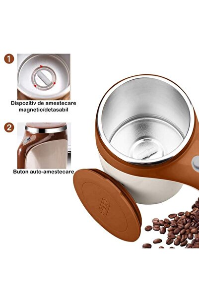 SIKS Smart Magnetic Mug with Self-Stirring, Stainless Steel Coffee Mixer Mug, 380 ml, Brown