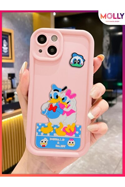 Molly iPhone 15 İçin Kum Pembesi Kenarları Kalın 3d Kabartmalı Donald Daisy S...