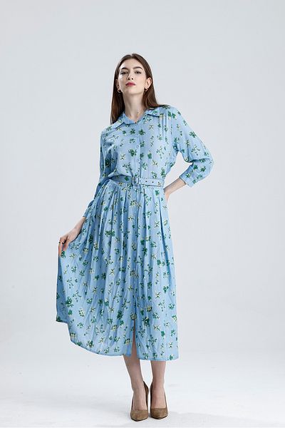 Sense Pleated Waist Belt Floral Viscose Dress |   Elb36219 Blue Floral