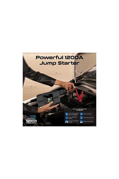 Promate جهاز بدء تشغيل السيارة PatrolPack‑3 - 12,000 مللي أمبير/ساعة، 1200 أمبير، مضخة هواء، نظام مراقبة ضغط الإطارات، مخرج تيار مستمر، ضوء LED - أسود