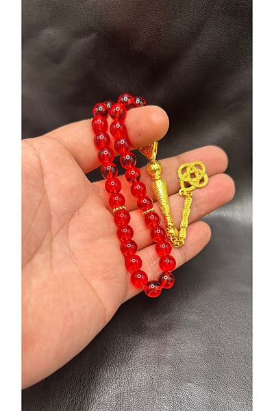 Han Ticarethane Red Glass Prayer Beads with Gold Color Combination