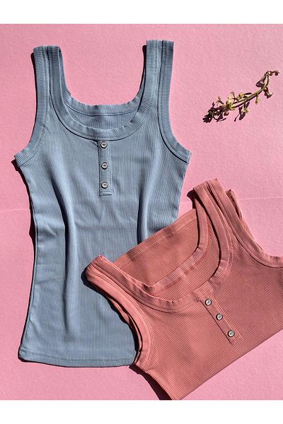 VicTroy Zerne |   4-Piece Black, White, Green and Blue Color Cotton Button Detailed Camisole Women's Undershirt 64E63