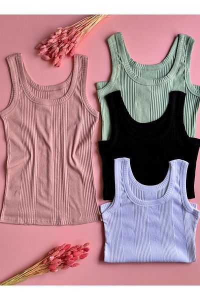 VicTroy Linea |   4-Piece Line Patterned, Black, White, Green and Powder Color Cotton Camisole Women's Undershirt 60E15