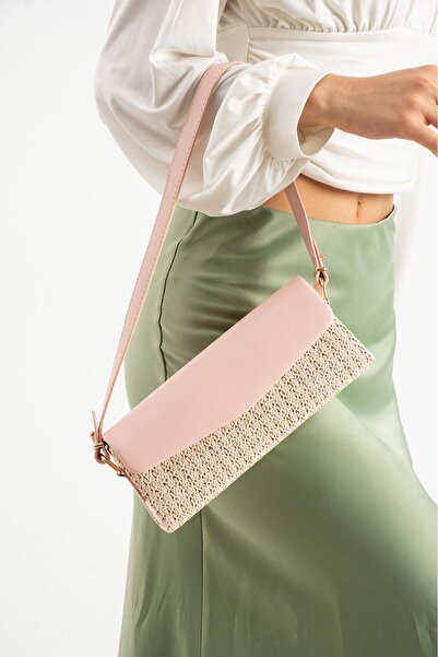 mèche atelier since 2024 حقيبة يد وكتف نسائية من القش من فولي باللون الوردي