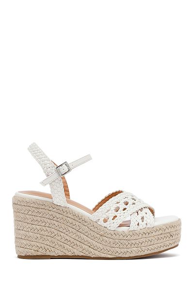 Derimod Women's White Ankle Buckle Wedge Heeled Knitted Sandals 25Sfe451829