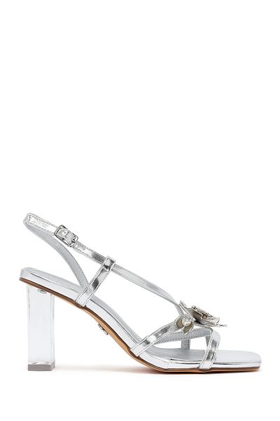 Derimod Women's Silver Ankle Buckle Thick Heeled Metallic Sandals 25Sfd442632