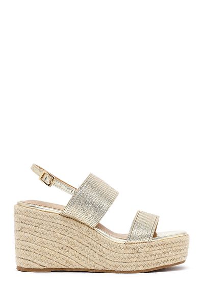 Derimod Women's Gold Ankle Buckle Wedge Heeled Metallic Sandals 25Sfe452132
