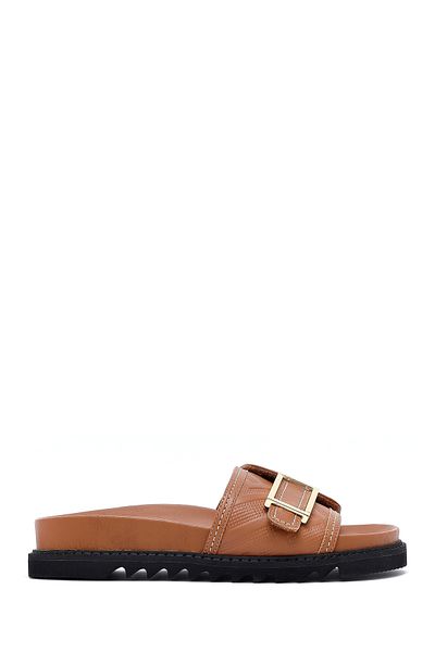 Derimod Women's Tan Buckle Leather Slippers 25Sfd230218