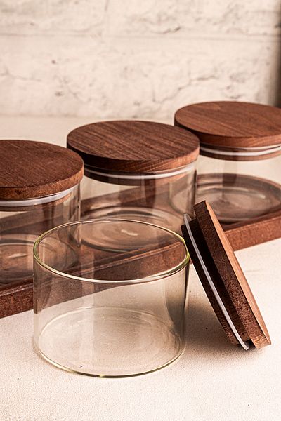 Snippy Doria 5 Piece Tray Wooden Vacuum Lid Patterned Glass Breakfast Multi-Purpose Glass Snack Bowl 300 ml