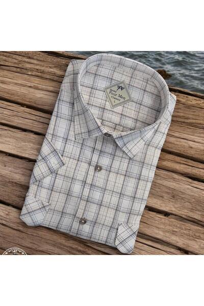 EREN STYLE Cămașă ecru pentru tată, cu mânecă scurtă, cu două buzunare, din l...