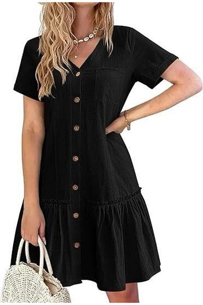 modaserdem Women's Pocket Detailed Buttoned Viscose Linen Fabric Dress