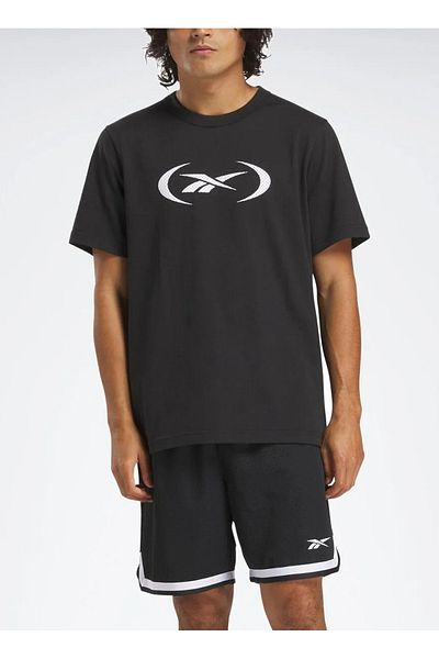Reebok 100214159 TRIOU DE BASKETBALL REEBOK Tricou negru cu gât rotund, cu croiala normală, imprimat