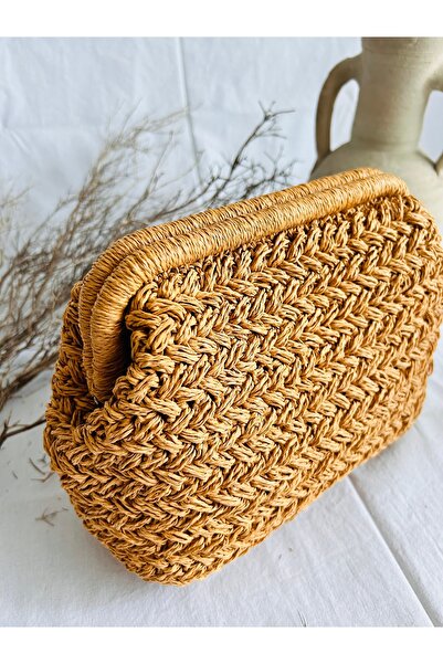NapaDesignArt Kadın Yazlık Bej Renk Detaylı Jüt Hasır Portföy & Clutch Çanta