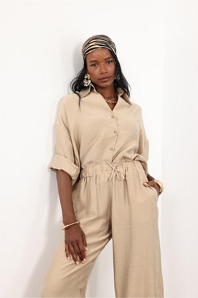 5in1Canpolat Camel Short Shirt Pants Suit