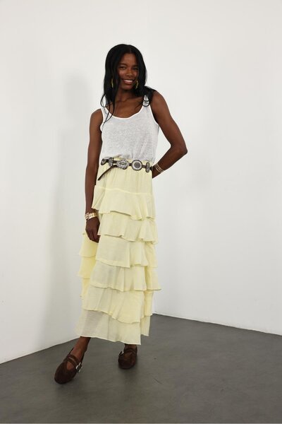 5in1Canpolat Yellow Elastic Waist Flared Maxi Skirt 4097