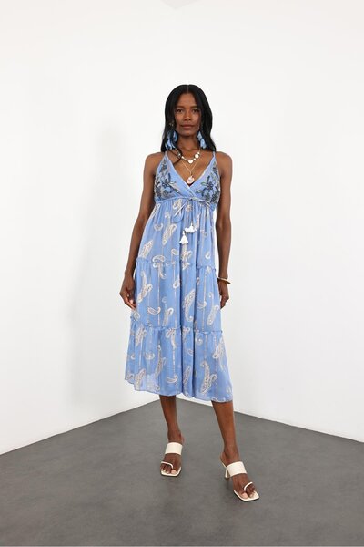 5in1Canpolat indigo Boncuk İşlemeli İthal Elbise M38172