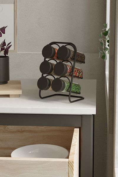 Tekno-tel Teknotel Metal 6-Piece Salt and Spice Stand 6 Pieces Glass Spice Mat Black Mg028