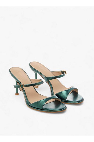 Flora Bella by Shoexpress Flora Bella Metallic Slip-On Sandals with Stiletto Heels and Buckle Detail