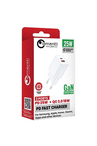 lemontti GaN Dual Port Network Charger 1x Type-C and 1x USB-A, 25W, EU Plug, White