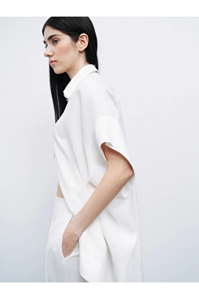 Nocturne Women's Shirt Collar Button Closure Short Sleeve Ecru Shirt N25Yn25194-Ekru