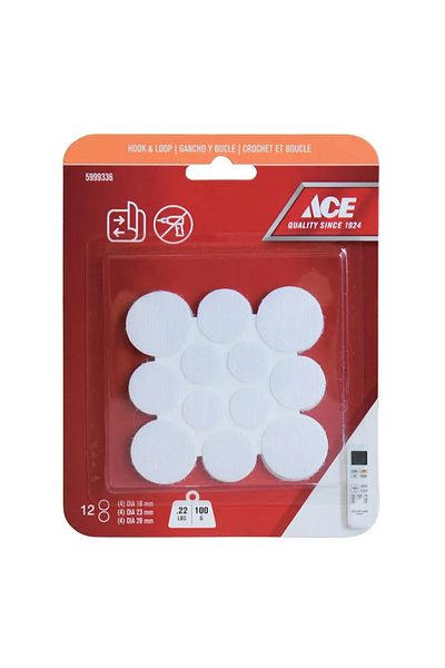 ACE Hook & Loop Mounting Dots (12 Pairs, White)