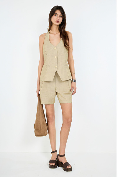 boneqa barcelona Keten Karışımlı Halter Yaka Sırtı Açık Yelek