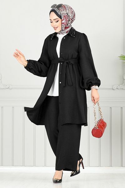ModaMerve Stone Detailed Hijab Suit -M Black