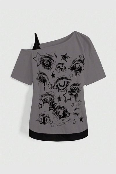 Karakedi Smoked Gothic Eye Collage Y2K Short Sleeve Crop with Additional Strap
