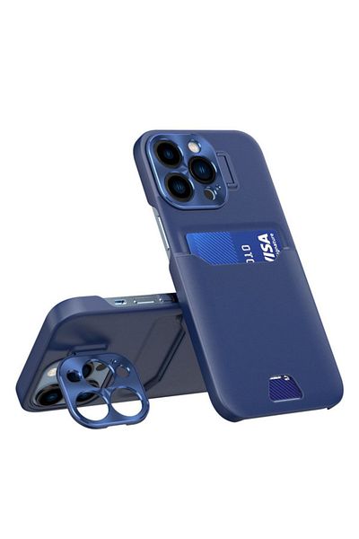 lemontti Husa Leather Stand Iphone 14 Pro Albastru,cu Suport Pentru Card