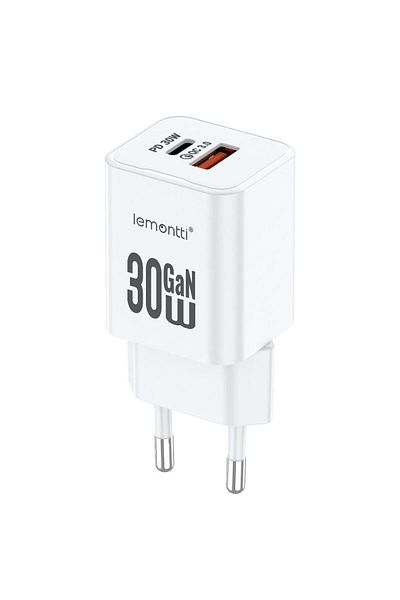 lemontti GaN Dual Port Network Charger 1x Type-C and 1x USB-A, 30W, EU Plug, White