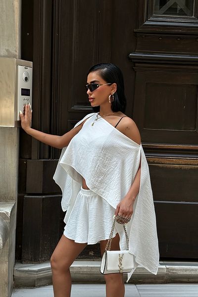boutiquen 8017 Shoulder Detailed Linen Look Suit Shorts+Blouse