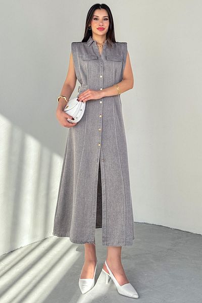 Cappmoda ELB-01788 Φόρεμα από ακατέργαστο λινό πουκάμισο με καπνιστό γιακά πόλο με λεπτομέρεια δεσίματος