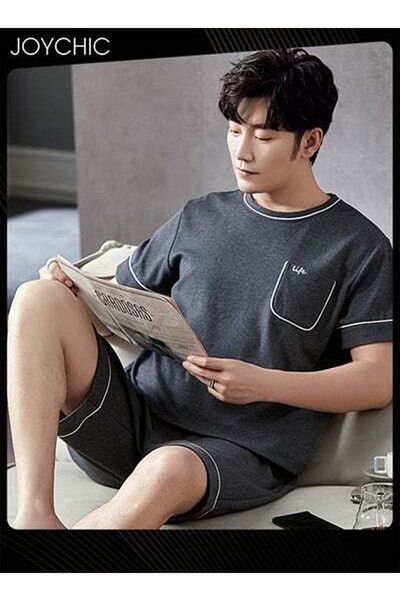 HALAMODO Men's Pajamas Short-sleeved +Shorts+ Trouser Set Breathable Wear-resistant Sleepwear Homewear