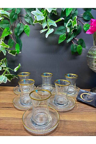 Paşabahçe Ars Paşabahçe 12 Piece Gold Gilded Tea Set for 6 People, 6 Tea Plates, 6 Tea Cups