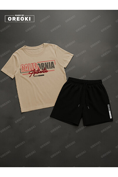 EFFRENATU California Authentic Printed Cotton Fabric Men's Beige T-Shirt-Black Shorts Set